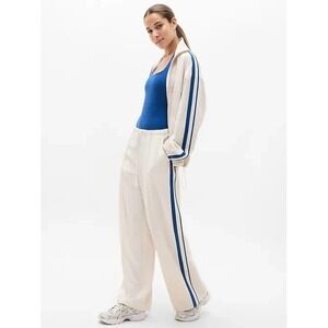 Athleta MVP Side Stripe Pants NWT Sz L Wide Leg Track Trousers Ivory Blue Sporty